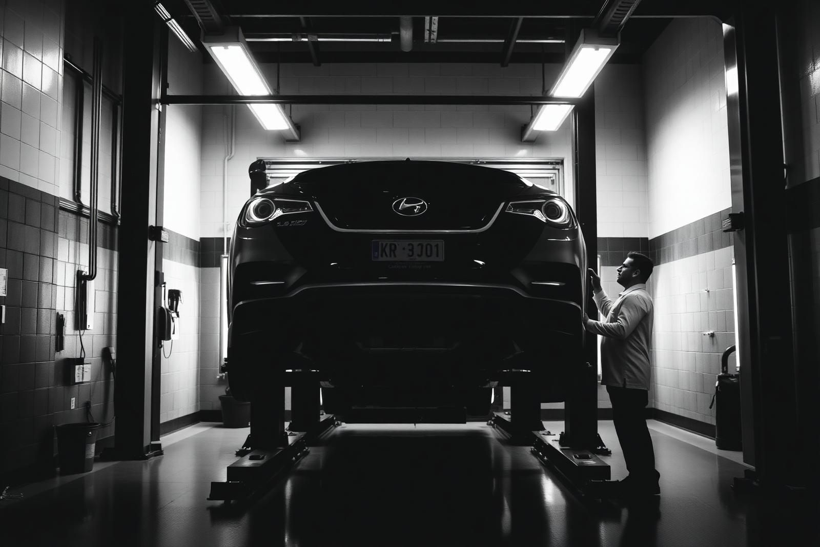 A vehicle on a lift being inspected in a service bay